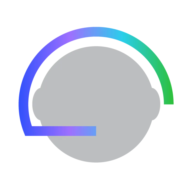 A stylized icon representing customer service, featuring a gray silhouette of a head wearing a headset. The headset is depicted with a curved gradient line transitioning from blue to green, symbolizing communication and support. The design is minimalist and modern, using a simple color palette and clean lines.